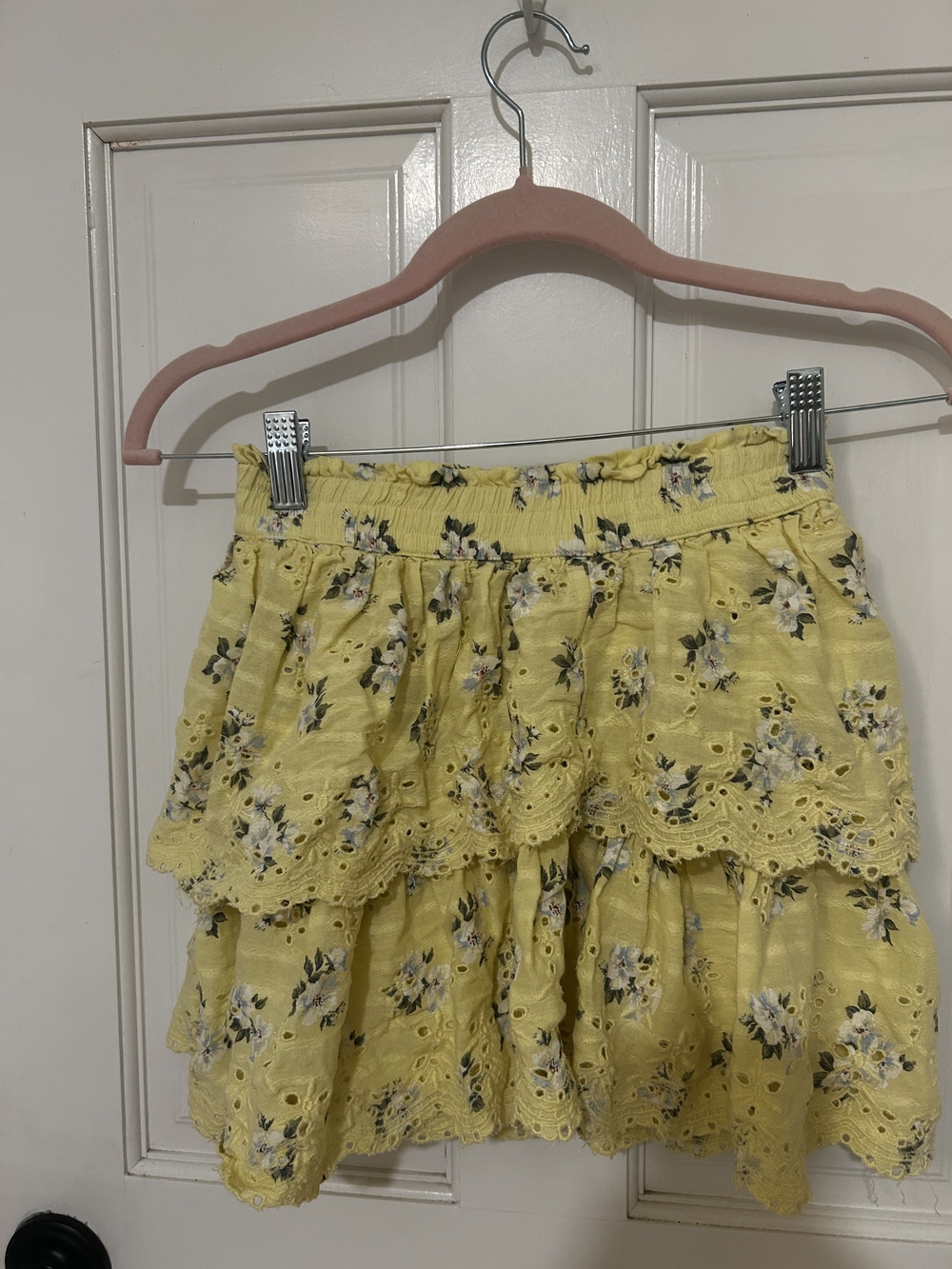 American Eagle Outfitters Yellow Floral Eyelet Tiered Mini Skirt